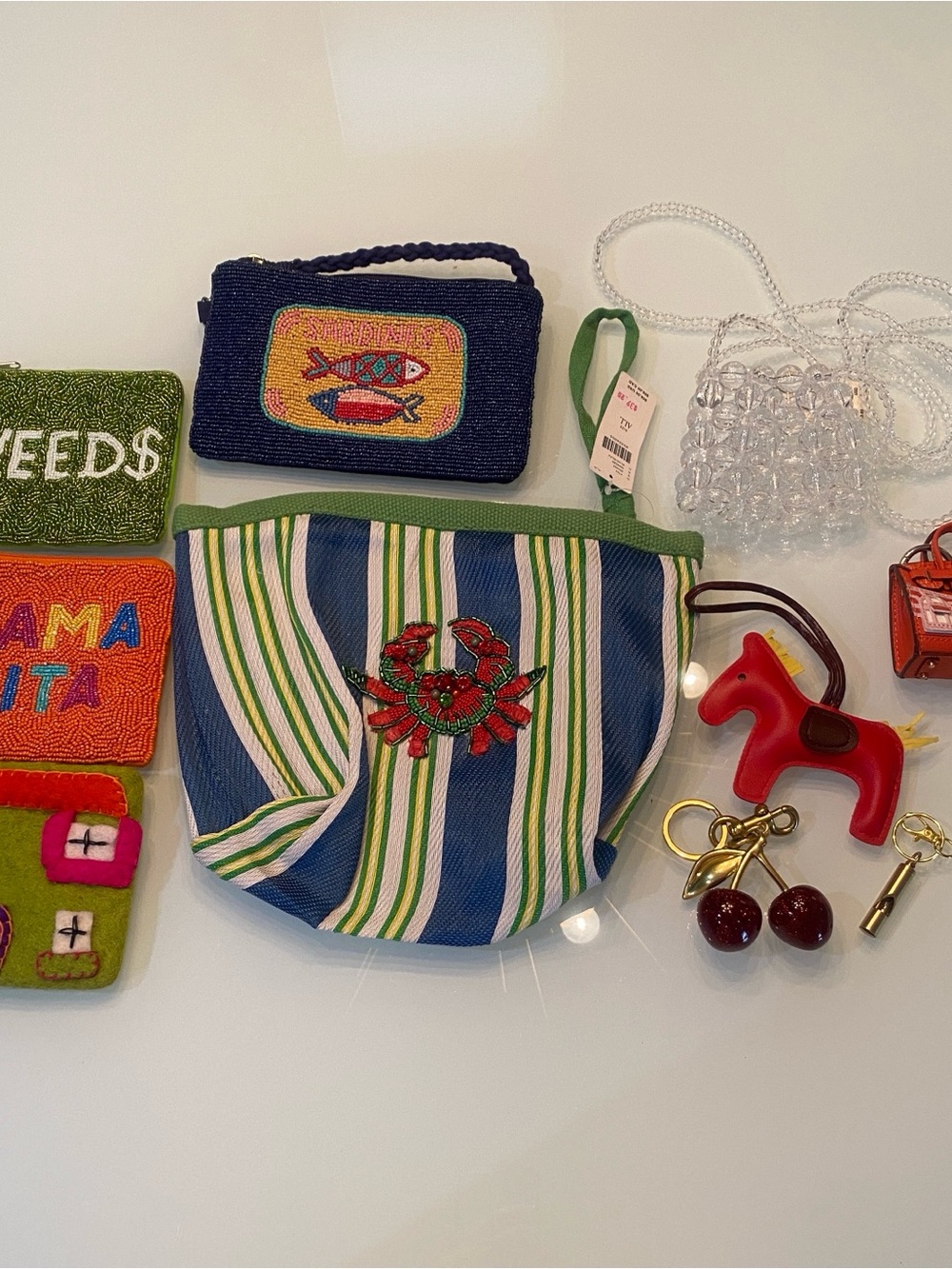 Whimsical Novelty Accessories Bundle - Beaded Pouches, Crab Tote & Bag Charms